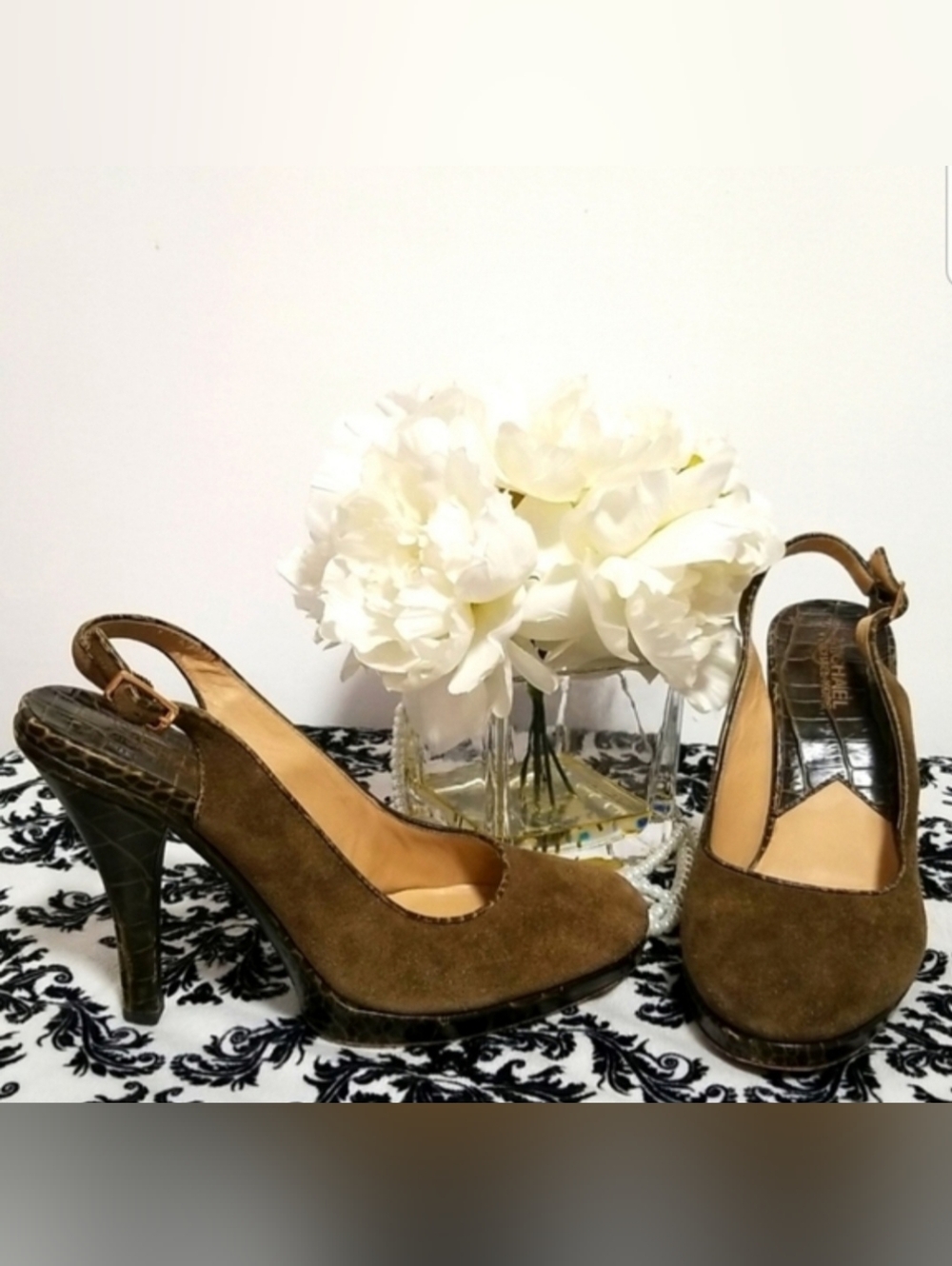 Michael Kors Reptile Embossed Pattern Olive Green Leather Suede Slingback Heels